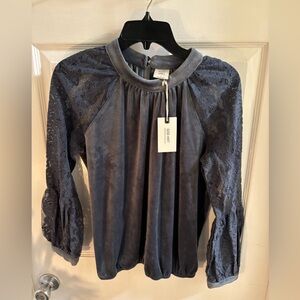 Good Hart Slate Blue Lace and Velvet Long Sleeved Blouse, Size S, NWT